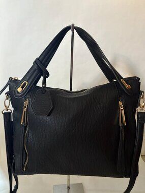 New Jessica Simpson Large Black Leather Satchel Handbag Gold Hardware